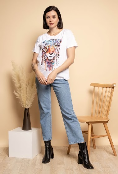 Grossiste Attrait Paris - T-shirt en coton imprimé avec illustration aquarelle léopard