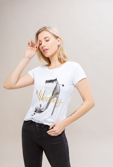 Grossiste Attrait Paris - T-shirt en coton imprimé avec illustration de chaussure à talon