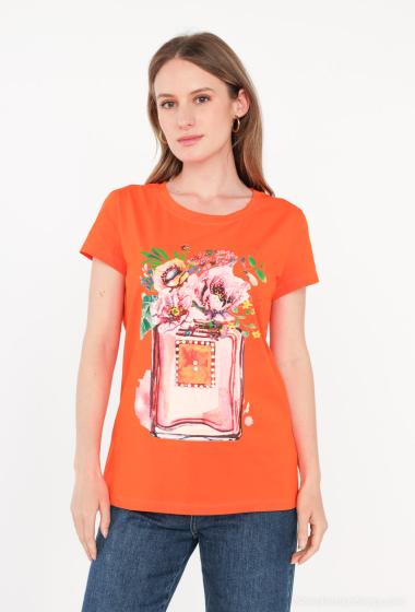 Mayorista Attrait Paris - Camiseta de algodón estampada con ilustración de perfume y flores.