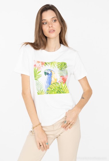Grossiste Attrait Paris - T-shirt en coton imprimé avec illustration de perroquet et ornement minis strass