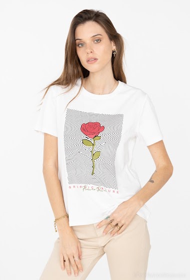Großhändler Attrait Paris - Printed cotton t-shirt with psychedelic illustration of a rose