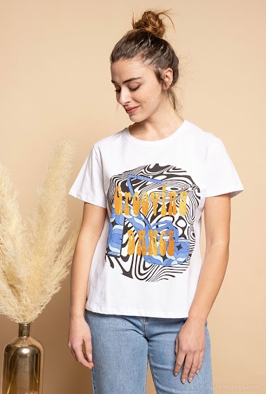 Grossiste Attrait Paris - T-shirt en coton imprimé avec illustration psychédélique « Grooving Dance »