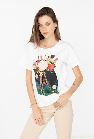 Großhändler Attrait Paris - Printed cotton t-shirt with beauty products bag illustration