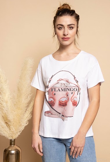 Wholesaler Attrait Paris - Printed cotton t-shirt with « Pink flamingo » bag illustration