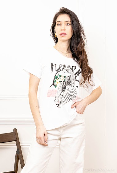 Wholesaler Attrait Paris - Printed cotton t-shirt with silhouette illustration and pearls ornament