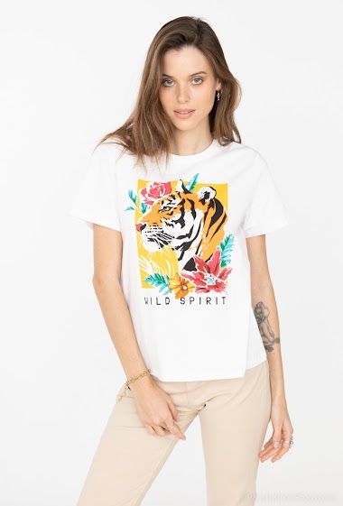 Grossiste Attrait Paris - T-shirt en coton imprimé avec illustration tigre « Wild spirit »