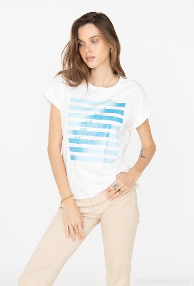 Wholesaler Attrait Paris - Printed cotton t-shirt with striped glitter design « Life’s a beach find your wave »