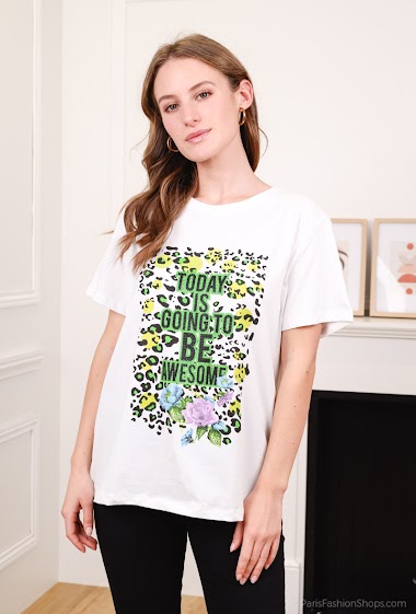 Großhändler Attrait Paris - Cotton T-shirt printed with "Today is going to be awesome" leopard spots visual