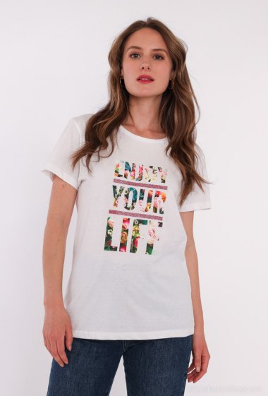 Wholesaler Attrait Paris - Printed cotton T-shirt with "ENJOY YOUR LIFE" graphic