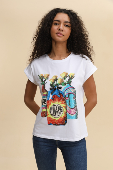 Grossiste Attrait Paris - T-shirt en coton imprimé avec visuel relief 3 bouteilles fleurs
