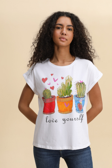 Grossiste Attrait Paris - T-shirt en coton imprimé avec visuel relief 3 cactus