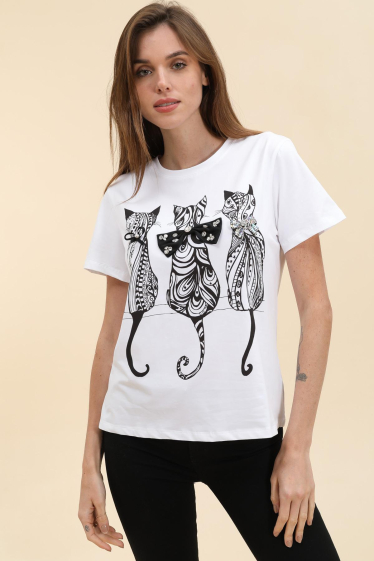 Grossiste Attrait Paris - T-shirt en coton imprimé avec visuel relief 3 chats