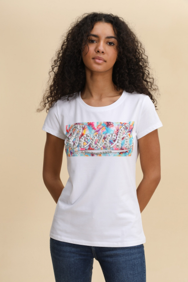 Grossiste Attrait Paris - T-shirt en coton imprimé avec visuel relief Beach coloré
