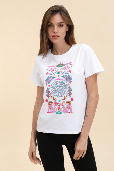 Grossiste Attrait Paris - T-shirt en coton imprimé avec visuel relief Breathe Deeply