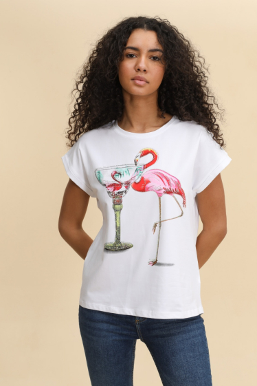 Grossiste Attrait Paris - T-shirt en coton imprimé avec visuel relief cocktail pink flamingo