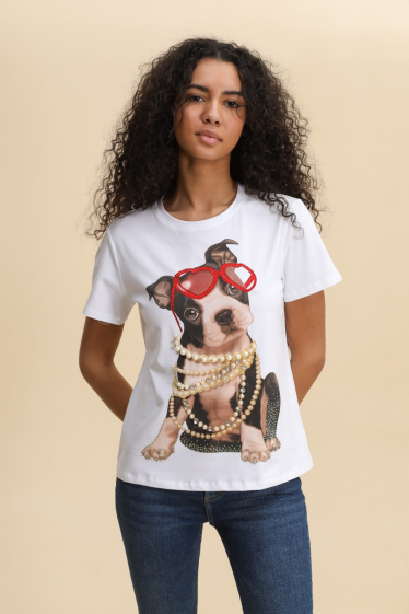 Grossiste Attrait Paris - T-shirt en coton imprimé avec visuel relief dog colliers perles
