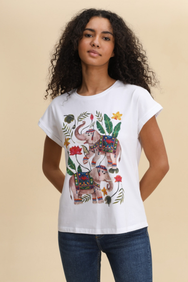 Grossiste Attrait Paris - T-shirt en coton imprimé avec visuel relief Elephant botanic