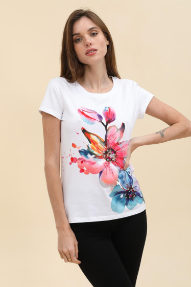 Grossiste Attrait Paris - T-shirt en coton imprimé avec visuel relief fleurs bicolor