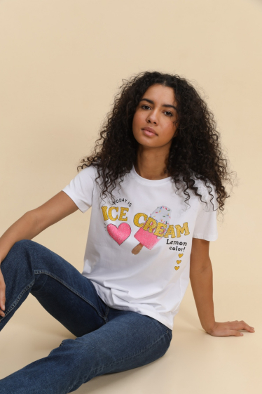 Grossiste Attrait Paris - T-shirt en coton imprimé avec visuel relief ice cream
