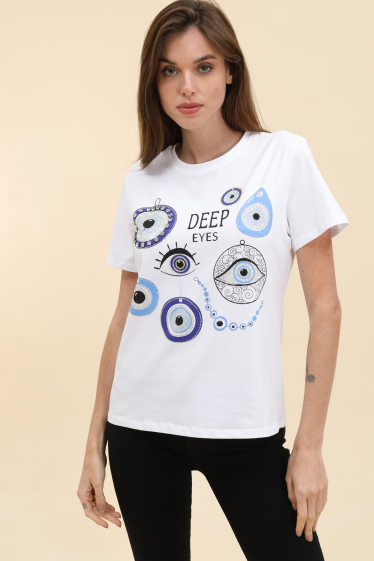 Grossiste Attrait Paris - T-shirt en coton imprimé avec visuel relief œil bleu Mataki