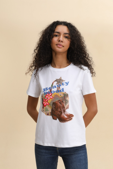 Grossiste Attrait Paris - T-shirt en coton imprimé avec visuel relief Sac chaussures