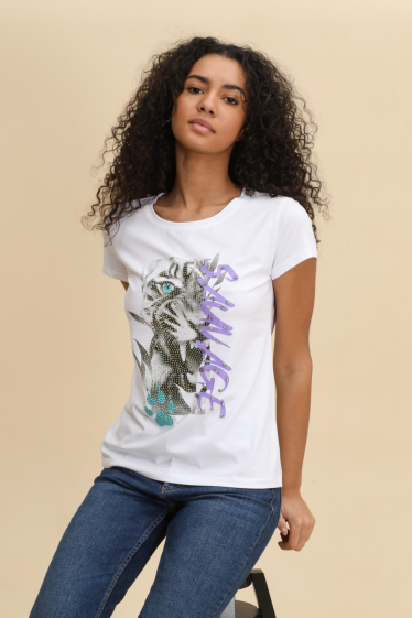Grossiste Attrait Paris - T-shirt en coton imprimé avec visuel relief Tigre SAVAGE