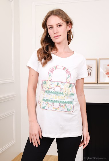 Grossiste Attrait Paris - T-shirt en coton imprimé avec visuel sac à main « J'adore »