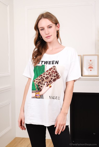 Wholesaler Attrait Paris - Printed cotton t-shirt with "Between value" leopard bag visual