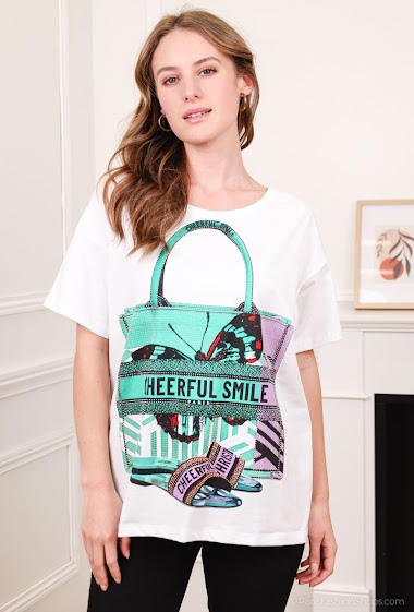 Grossiste Attrait Paris - T-shirt en coton imprimé avec visuel sac plage « cheerful smile »