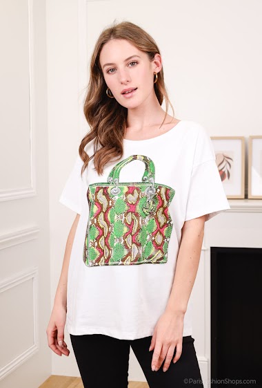 Großhändler Attrait Paris - Printed cotton t-shirt with Snake Bag visual. Wide cut.