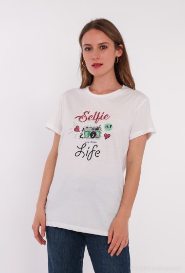 Wholesaler Attrait Paris - Printed cotton T-shirt with "SELFIE LIFE" graphic