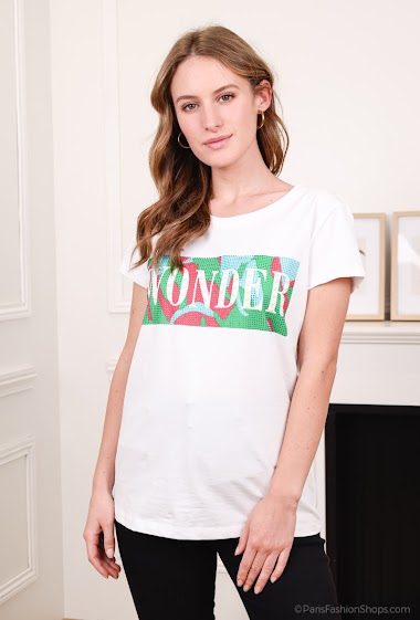 Wholesaler Attrait Paris - Printed cotton T-shirt with "Wonder" visual