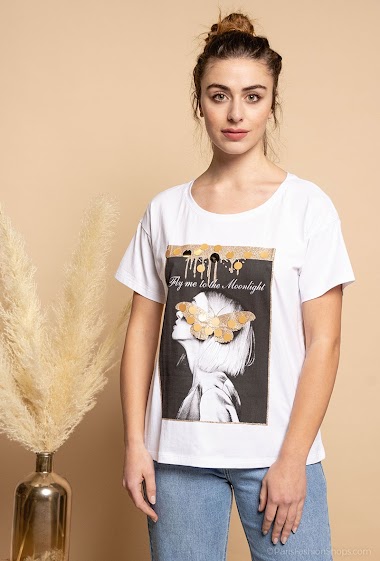 Großhändler Attrait Paris - Printed cotton t-shirt with « Fly me to the moon » inscription