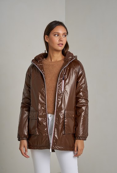 Wholesaler Attrait Paris - Mid-length padded windbreaker metalic jacket  with hood