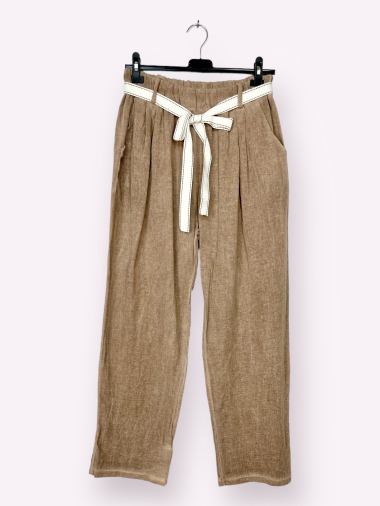 Grossiste AUBERJINE - Pantalon GRANDE TAILLE lin/coton avec ceinture