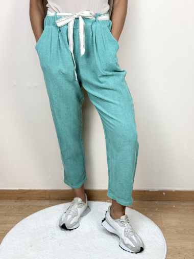 Grossiste AUBERJINE - Pantalon GRANDE TAILLE lin/coton avec ceinture
