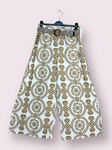 Grossiste AUBERJINE - Pantalon léger effet lin à motif avec ceinture