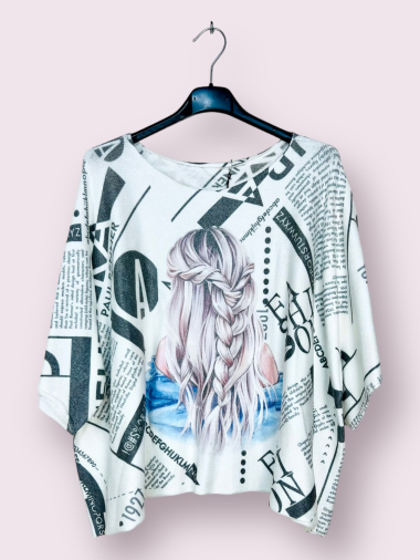 Wholesaler AUBERJINE - Poncho sweater with pattern, 3/4 batwing sleeve