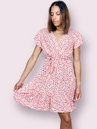 Grossiste AUBERJINE - Robe courte brillante à imprimé floral avec ceinture