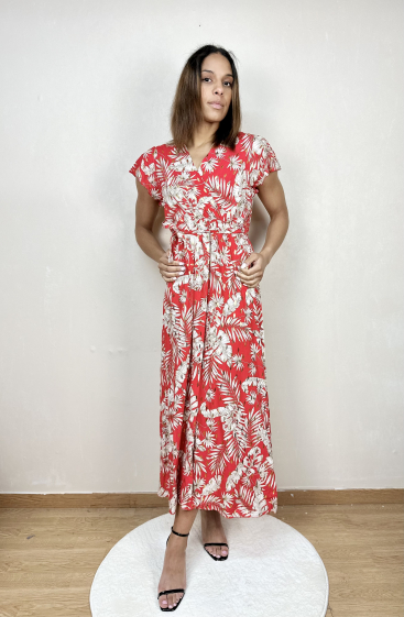 Grossiste AUBERJINE - Robe longue brillante à motif floral avec ceinture