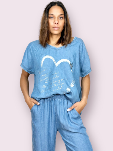 Grossiste AUBERJINE - T-shirt léger à motif coeur, effet jean