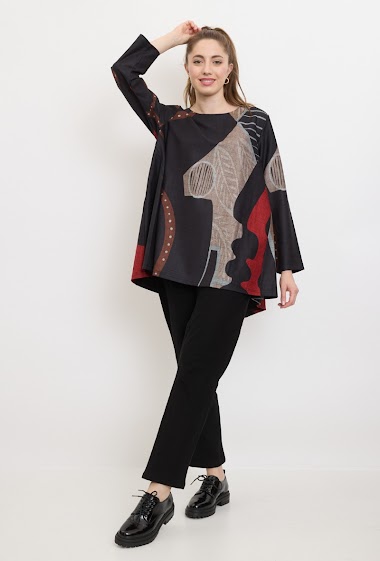 Wholesaler Bella Blue - Blouse with modern black, red and brown patterns