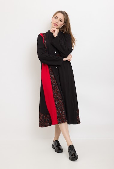 Wholesaler Bella Blue - Long shirt dress with red leaves and white pappus