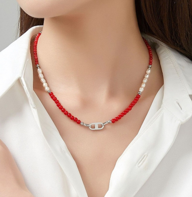 Großhändler BELLE MISS - Halskette aus Stahl mit Perlen und Steinen