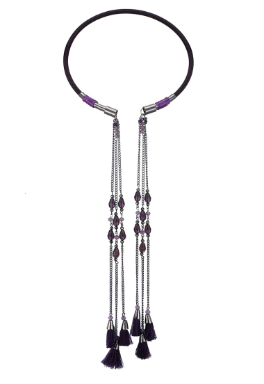 Wholesaler BELLE MISS - semi-rigid bohemian necklace with fringe and purple pompom