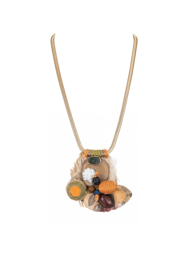 Wholesaler BELLE MISS - golden necklace with wooden and raffia elements