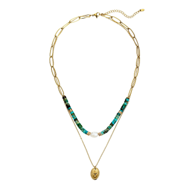 Mayorista BELLE MISS - Collar de doble cadena en acero fino bañado en oro y una perla de agua