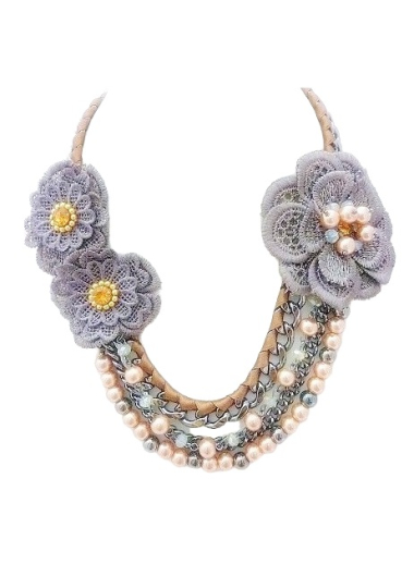 Grossiste BELLE MISS - collier en tissus marron avec fleurs et perles