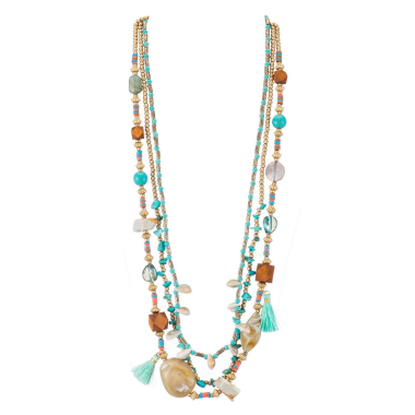 Großhändler BELLE MISS - Mittellange mehrreihige Halskette mit Pompon, Türkis, Holz und Steinen