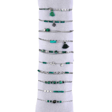 Grossiste BELLE MISS - Lot de 10 bracelets acier argenté avec pierre et cristal de couleur